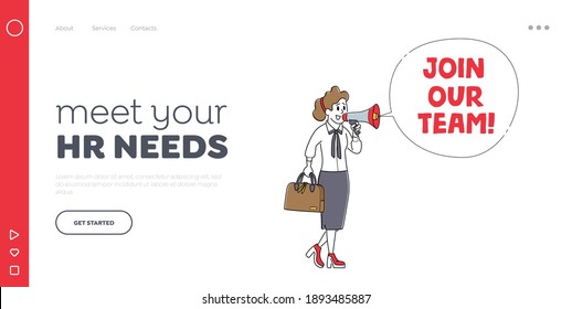 Treten Sie unserem Team bei und mieten Sie eine Landing Page Template. Geschäftsfrau Charakter Suche Mitarbeiter mieten auf Job mit Lautsprecher. Personalwesen, Beschäftigung, Recruiting, Headhunting. Lineare Vektorgrafik