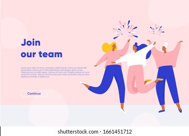 Junte-se à nossa página de destino da equipe. Mulheres felizes dançando e pulando. Trabalhadores bem-sucedidos se juntam ao time dos sonhos. Ilustração vetorial plana.