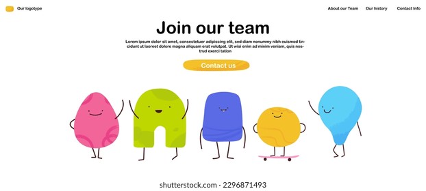 Join our team of Landing Page. Banner with textured geometric shapes. Cartoon contemporary vector illustration with a business theme. Positive work team waving hello. 