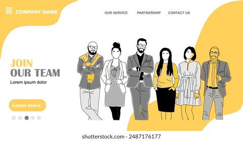 Join our team landing page. Recruitment, hiring business concept. Website template with diverse business team members, men, women standing together, supporting each other. Graphic vector illustration.