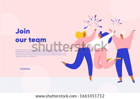 Join our team landing page. Happy women dancing and jumping. Successful workers join the dream team. Flat vector illustration.