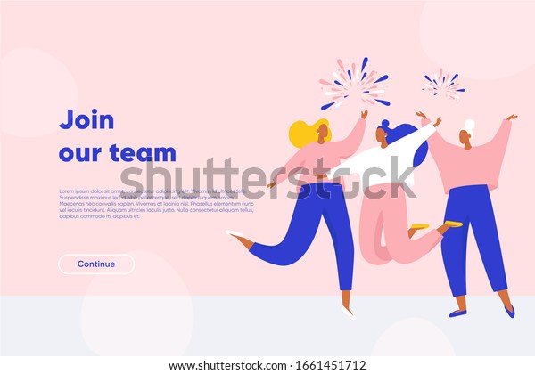 Join our team landing page. Happy women\
dancing and jumping. Successful workers join the dream team. Flat\
vector illustration.