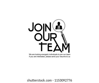 Join our team logotype design with magnifying glass choosing businessman with hand drawing style isolated on white background