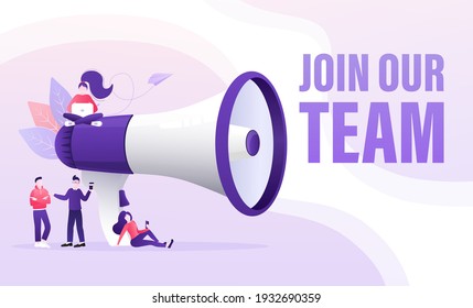 Join Our Team People, Great Design For Any Purposes. Flat Join Our Team People For Flyer Design. Girl With Megaphone. Vector Illustration.
