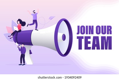 Join our team people, great design for any purposes. Flat join our team people for flyer design. Girl with megaphone. Vector illustration.