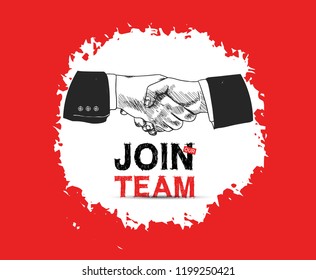 Join our team with shaking hands on white brush and red background. Vector illustration hand drawing style