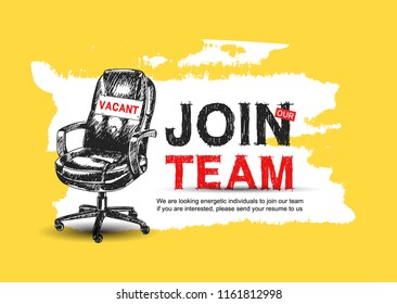 Join our team with sign vacant office chair white brush. Business recruiting concept with hand drawing style on yellow background