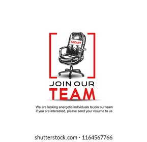 Join our team with sign vacant office chair simple design. Business recruiting concept with hand drawing style on white background