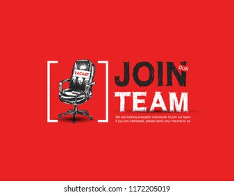 Join our team with sign vacant office chair red background. Business recruiting concept with hand drawing style