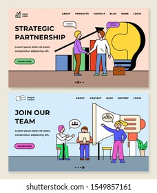 Join our team, strategic partnership pages. Set of sites with text. People working in office on new projects. Teamwork colleagues at workplace. Website or webpage template, flat style vector