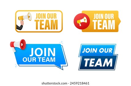 Join Unser Team-Text mit Megaphone-Label-Set. Megaphon in der Hand Promotion Banner. Marketing und Werbung