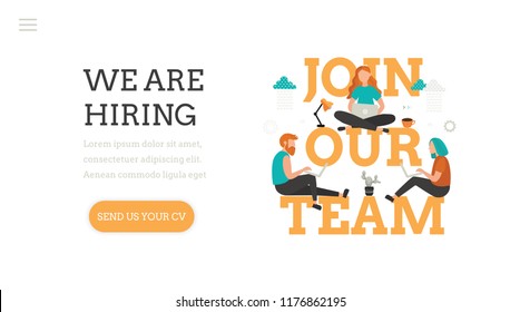 Join our team. We are hiring.  Landing page template. Modern flat design concept of web page design with cute young woman and man at work. Office workers. Vacancy. Recruitment