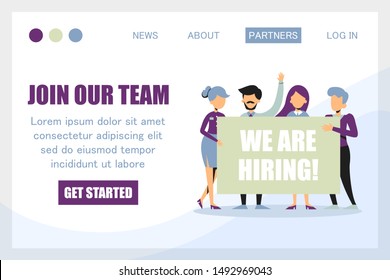 Join our team, we are hiring banner for the website template. Business team welcome new worker vector isolated. Funny person with message.