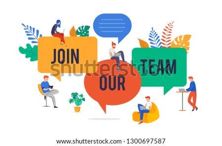 Join our team, we are hiring image, concept vector illustration of a group of young people with giant speech bubbles