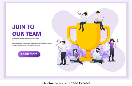 Join our team web banner concept. people near the big trophy are looking for partners and new members. Successful Business team work. Flat vector illustration