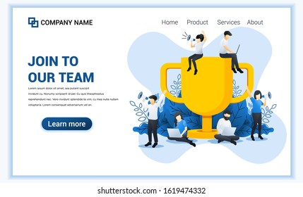 Join our team web banner concept. people near the big trophy are looking for partners and new members. Successful Business team work. Flat vector illustration