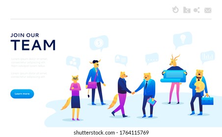 Join our team web banner. Vector design image. The concept of team or employees. Modern illustration slider site page. Background with characters working together.