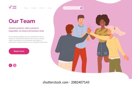 Join our team website template. Flat design recruiting and hiring web page. Young man and woman shaking hands concept for landing page. People giving high five, standing with hands together