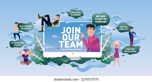 Join our team word announcement for company recruitment vector illustration concept, can use for, landing page, template, ui, web, mobile app, poster, banner, flyer