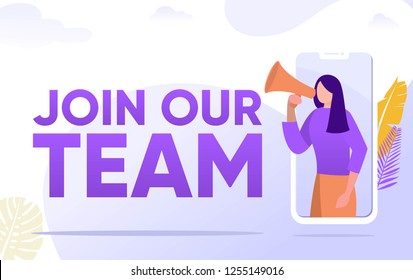 join our team word vector illustration concept, people shouting on megaphone 
 can use for, landing page, template, ui, web, mobile app, poster, banner, flyer, background