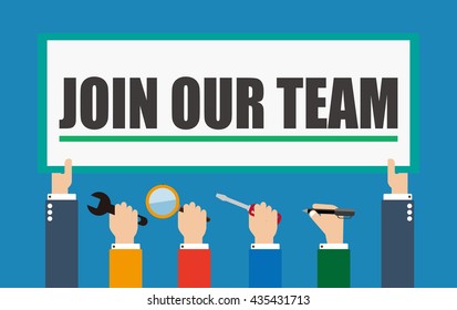join our team.hand holding blank board and tools