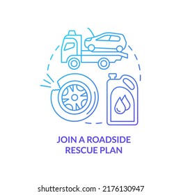 Icono de concepto de degradado azul del plan de rescate en carretera. Vehículo de remolque. Ilustración de línea delgada de ideas abstractas de recomendación de viaje por carretera. Dibujo de contorno aislado. Se usa una fuente Myriad Pro-Bold