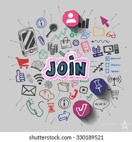 Join sign and collage with web icons background. Vector illustration