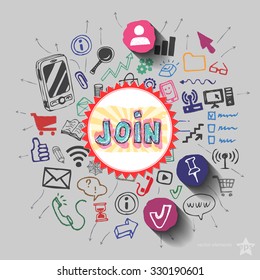 Join sign and collage with web icons background. Vector illustration