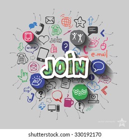 Join sign and collage with web icons background. Vector illustration