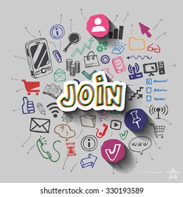 Join sign and collage with web icons background. Vector illustration