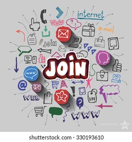 Join sign and collage with web icons background. Vector illustration