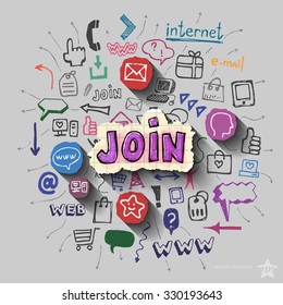 Join sign and collage with web icons background. Vector illustration