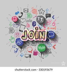 Join sign and collage with web icons background. Vector illustration