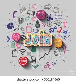 Join sign and collage with web icons background. Vector illustration