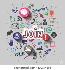 Join sign and collage with web icons background. Vector illustration
