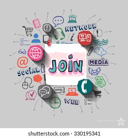 Join sign and collage with web icons background. Vector illustration