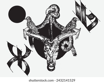 Únete a la odisea surrealista a través de nuestra ilustración de tinta dibujada a mano, donde la cabeza, el ancla y el cuervo del bisonte convergen en un viaje cautivador. Este viaje surrealista invita a contemplar la fluidez 