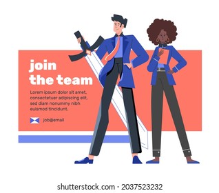 Join the team poster. Colleagues man and woman are invited to work. Hiring of new employees for a project, a corporate company. Vector flat illustration.