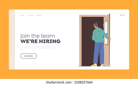 Join the Team we are Hiring Landing Page Template. Young Man Stand at Doorway Look inside. Male Character Opening Door. Invitation, Opportunity, Entrance to Office. Cartoon People Vector Illustration