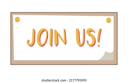 Únase a nosotros con el elemento vector de color semiplano. Decoración de tamaño completo en blanco. Promoción del programa de voluntarios. Buscando oportunidades. Ilustración simple de estilo de dibujos animados para diseño gráfico web y animación