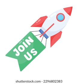 Join us banner with flying rocket, flat sticker 