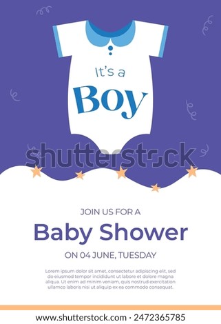 Join us for a charming baby boy shower with adorable blue accents, playful baby-themed illustrations, and a heartwarming design to celebrate this joyous occasion.