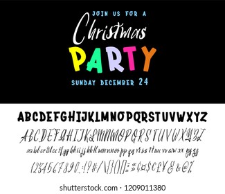join us for a Christmas party horizontal flyer. Vector of stylized two fonts handwritten and alphabet.