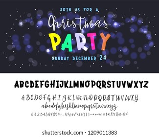 join us for a Christmas party horizontal flyer. Vector of stylized two fonts handwritten and alphabet.