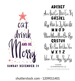join us for a Christmas party horizontal flyer. Vector of stylized two fonts handwritten and alphabet.