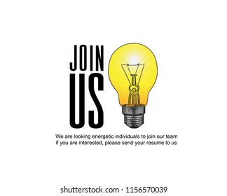 Join us concept design with colorful light bulb hand drawing style for business recruitment