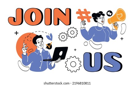 Join us concept. Man with laptop and woman with loudspeaker. Social network marketing and online promotion. Poster or banner for website, advertising on Internet. Cartoon flat vector illustration