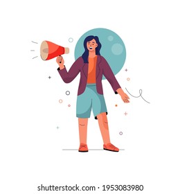 Join us concept. Smiling woman shouts into megaphone attracting new customers, clients. Advertising, promotion, announcement, job invitation. Vector character illustration isolated on white background