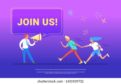 Join us concept vector illustration of happy manager shouting on megaphone to invite new customers or users for his project. Young man running forward with his girlfriend to join a project or team