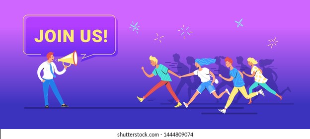 Join us concept vector illustration of happy manager shouting on megaphone to invite new customers or users for his project. Young various men and women making haste and running forward to join a team